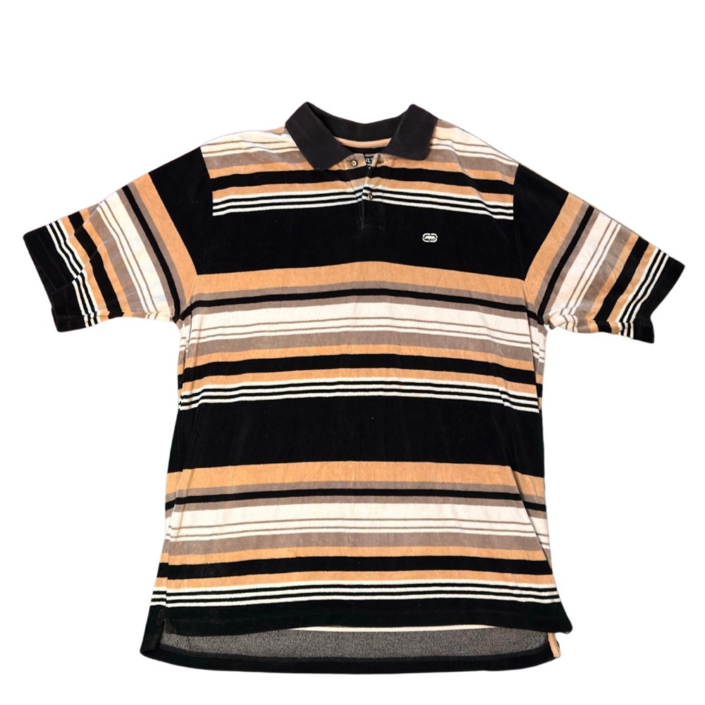 Y2K Ecko Striped Velvet Polo Shirt in Black and Tan
